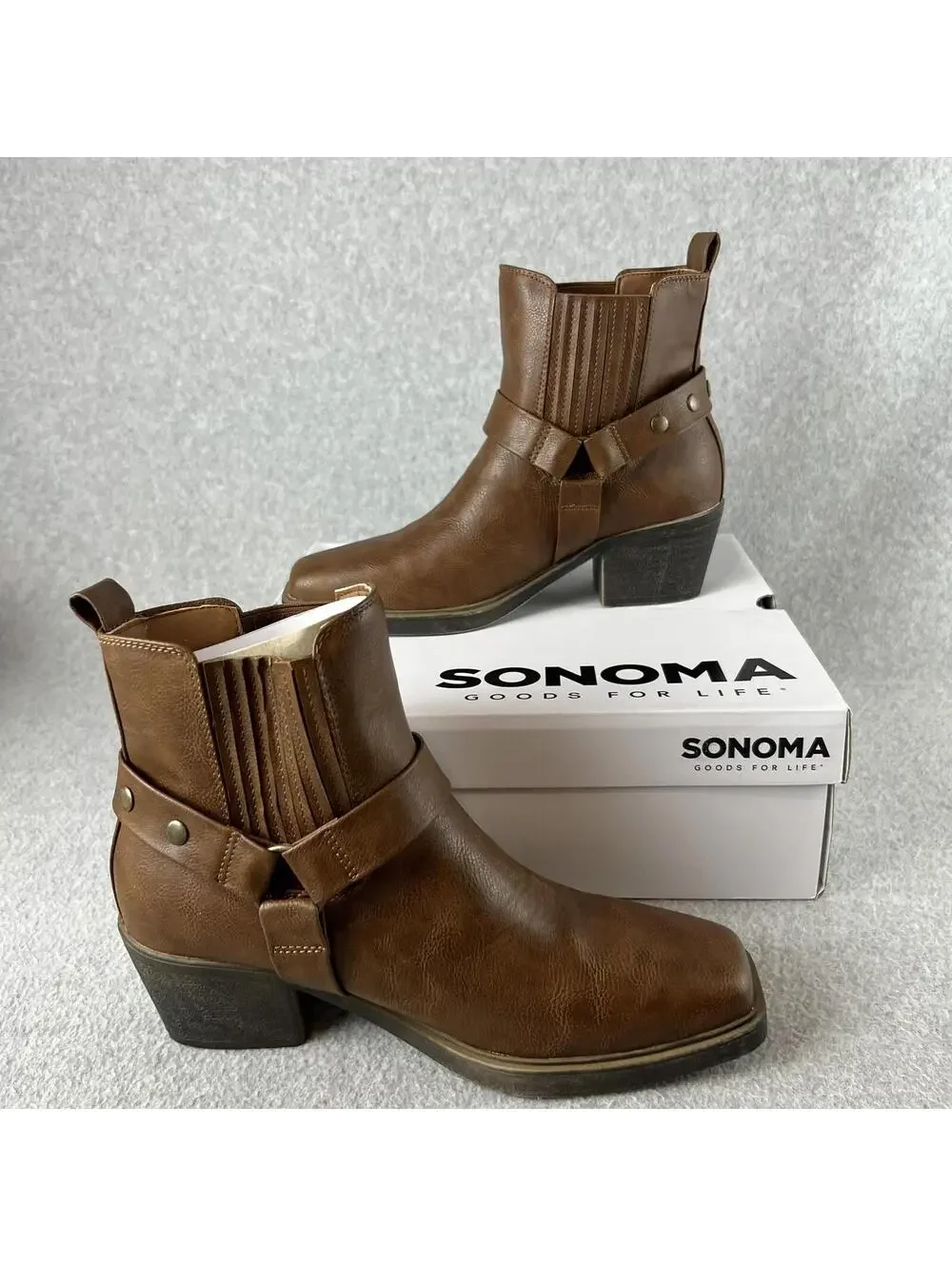 Sonoma Western Ankle Boots Womens Size 6.5 Block Heel Brown Faux Leather New